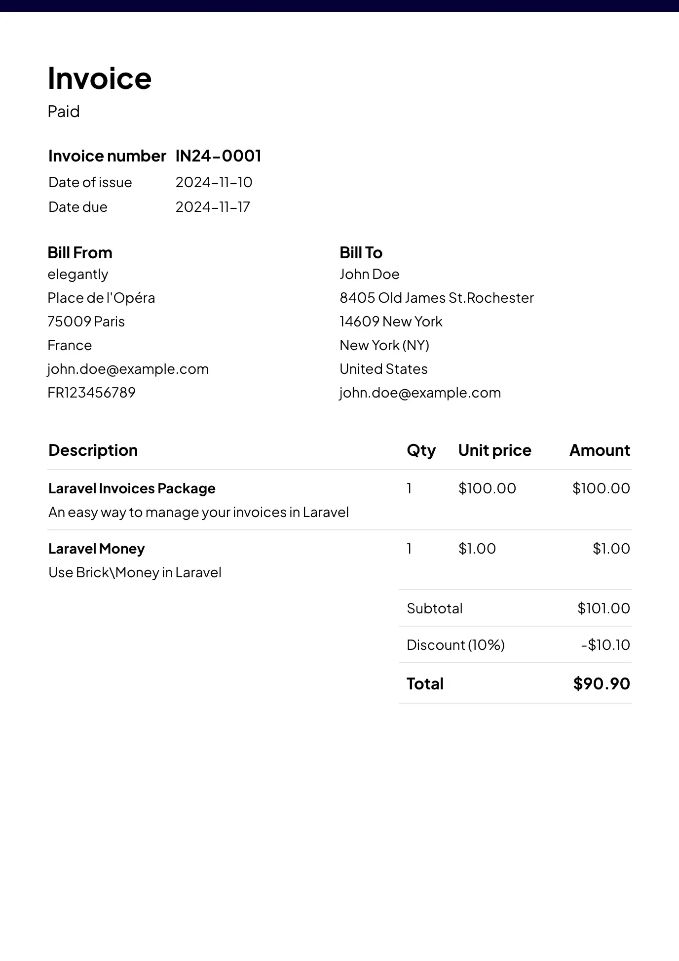 Example of the PDF invoice